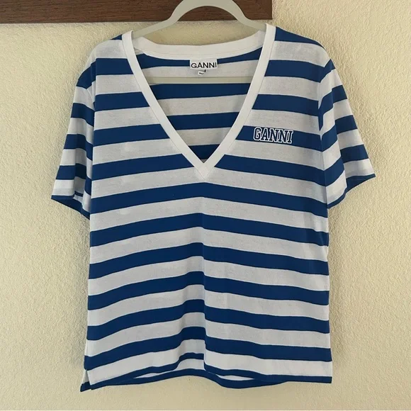 Ganni Blue and White Striped Logo Tee Shirt V Neck Size Medium - Picture 2 of 7